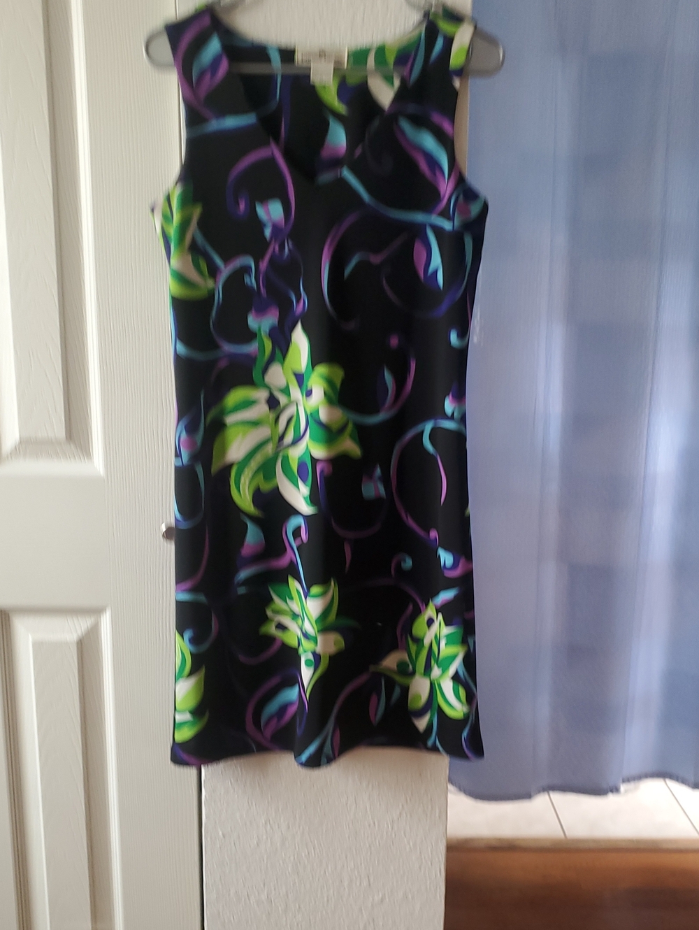 Black Sleeveless Mini Dress with Green & Purple Floral Swirl